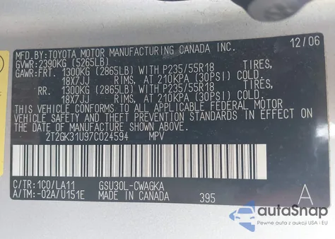 2007 Lexus Rx 350 из США, поврежденный, VIN 2T2GK31U97C024594